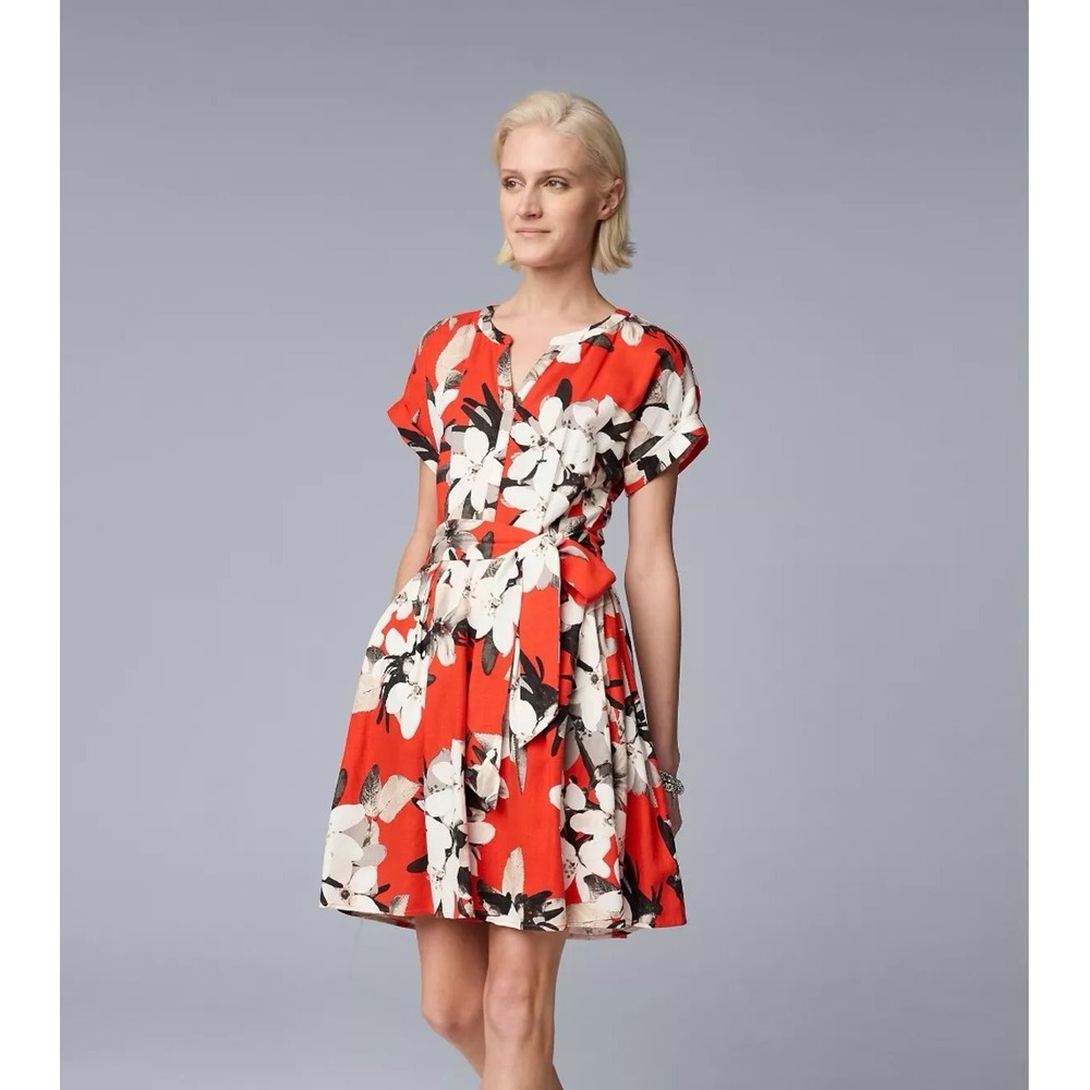 Simply Vera Vera Wang Red‎ Floral Print Dress Short Sleeve Belted Linen Small